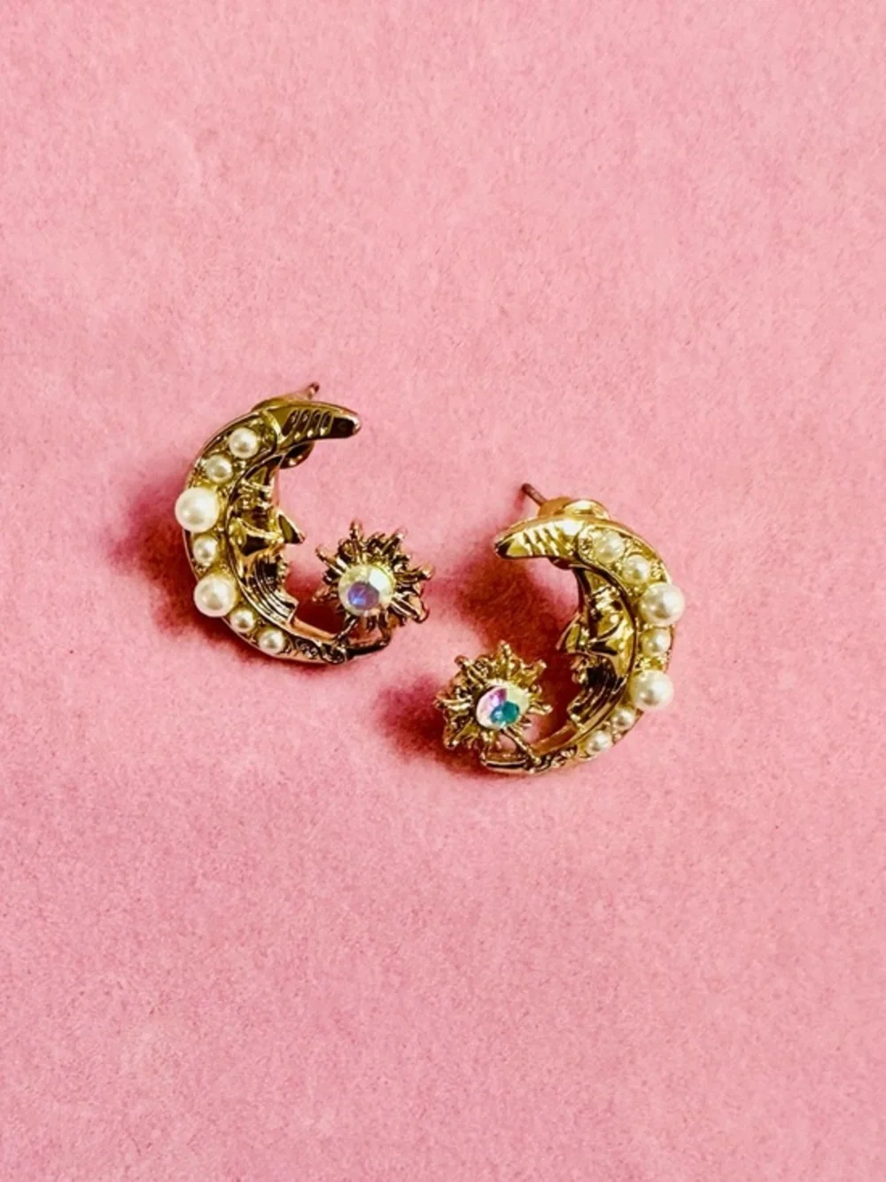 Gold Crescent Moon Sun Stud Earrings